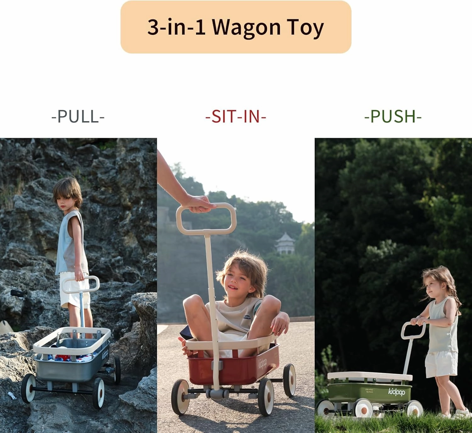 PULA-Wild 3-in-1 Kids' Pull-Along Wagon Toddlers Push Walker for 2.5-8, Removable Wooden Cover and Adjustable Handlebar, Birthday Gifts Max Weight 33 lbs (Red)