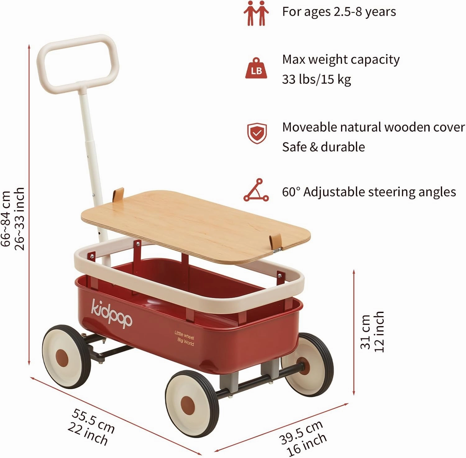PULA-Wild 3-in-1 Kids' Pull-Along Wagon Toddlers Push Walker for 2.5-8, Removable Wooden Cover and Adjustable Handlebar, Birthday Gifts Max Weight 33 lbs (Red)
