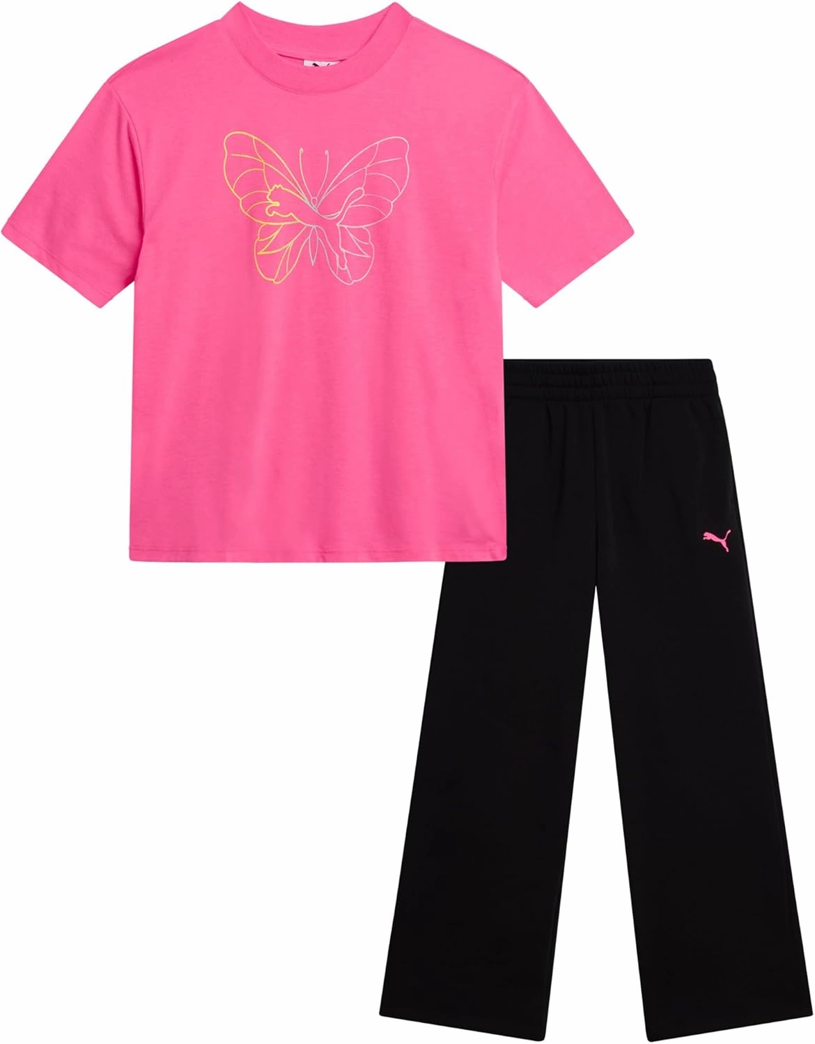 PUMA Girls' Pants Set - 2 Piece Short Sleeve Crewneck Fashion Graphic Tee Shirt and French Terry Flare Pants for Girls (7-14)