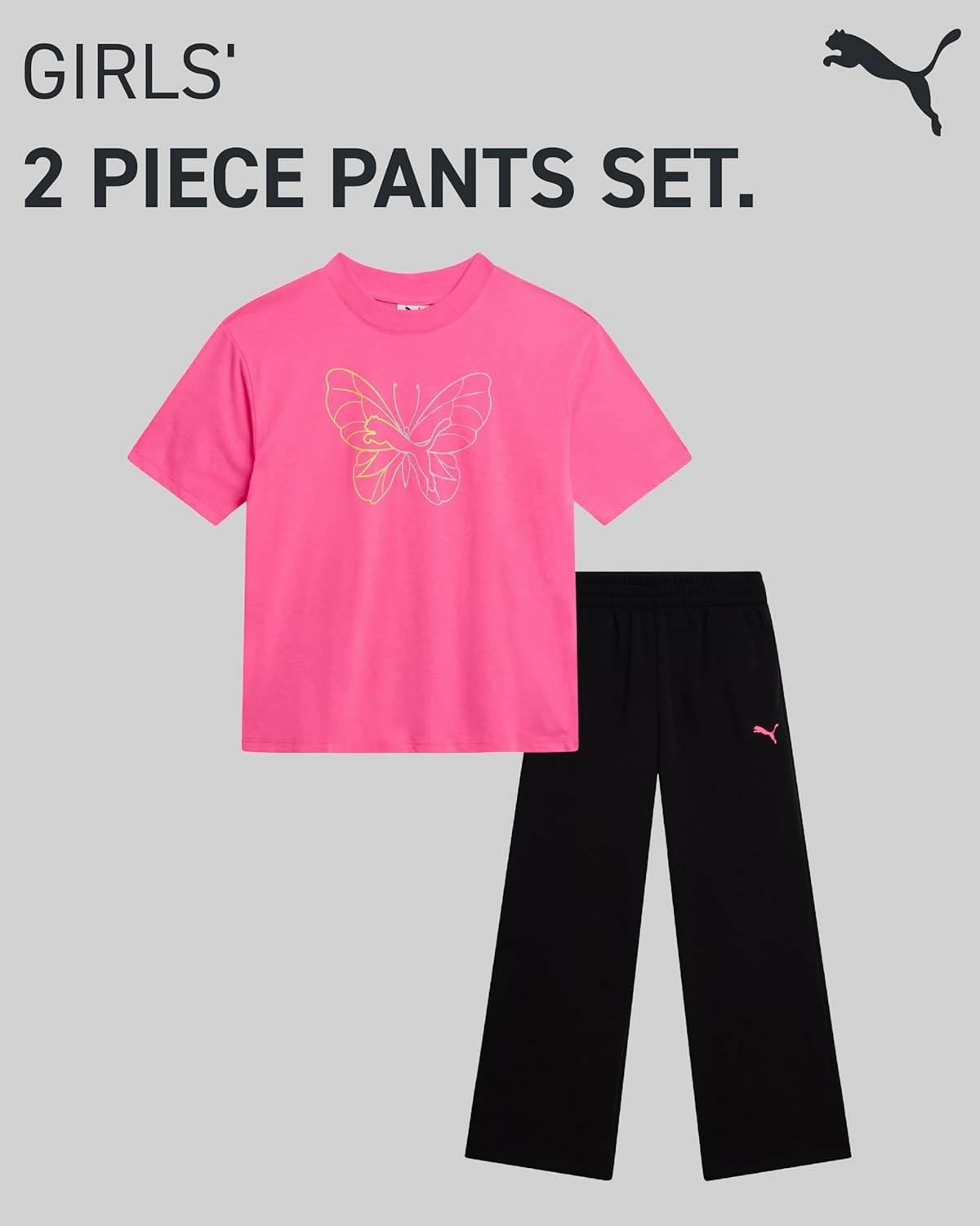 PUMA Girls' Pants Set - 2 Piece Short Sleeve Crewneck Fashion Graphic Tee Shirt and French Terry Flare Pants for Girls (7-14)