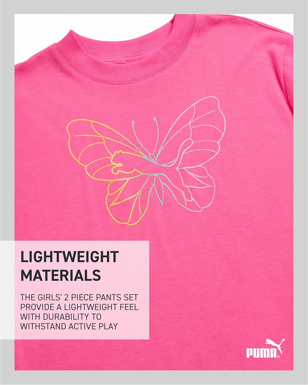 PUMA Girls' Pants Set - 2 Piece Short Sleeve Crewneck Fashion Graphic Tee Shirt and French Terry Flare Pants for Girls (7-14)