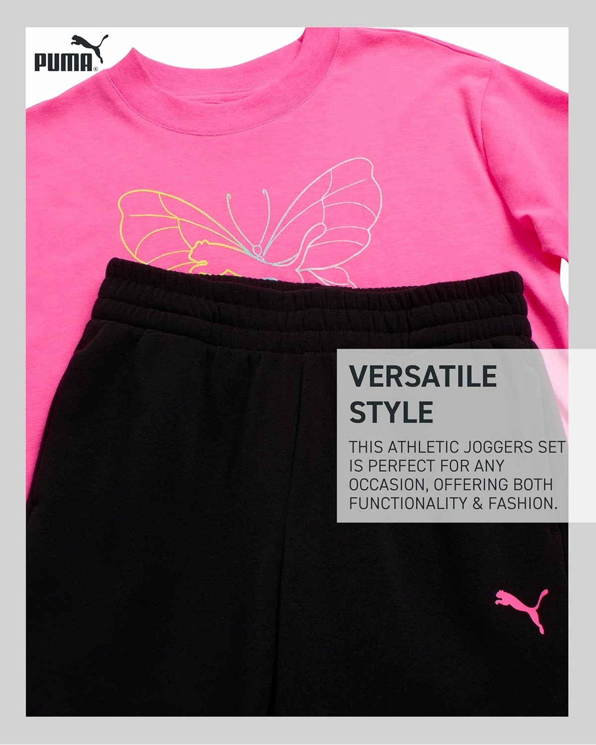 PUMA Girls' Pants Set - 2 Piece Short Sleeve Crewneck Fashion Graphic Tee Shirt and French Terry Flare Pants for Girls (7-14)