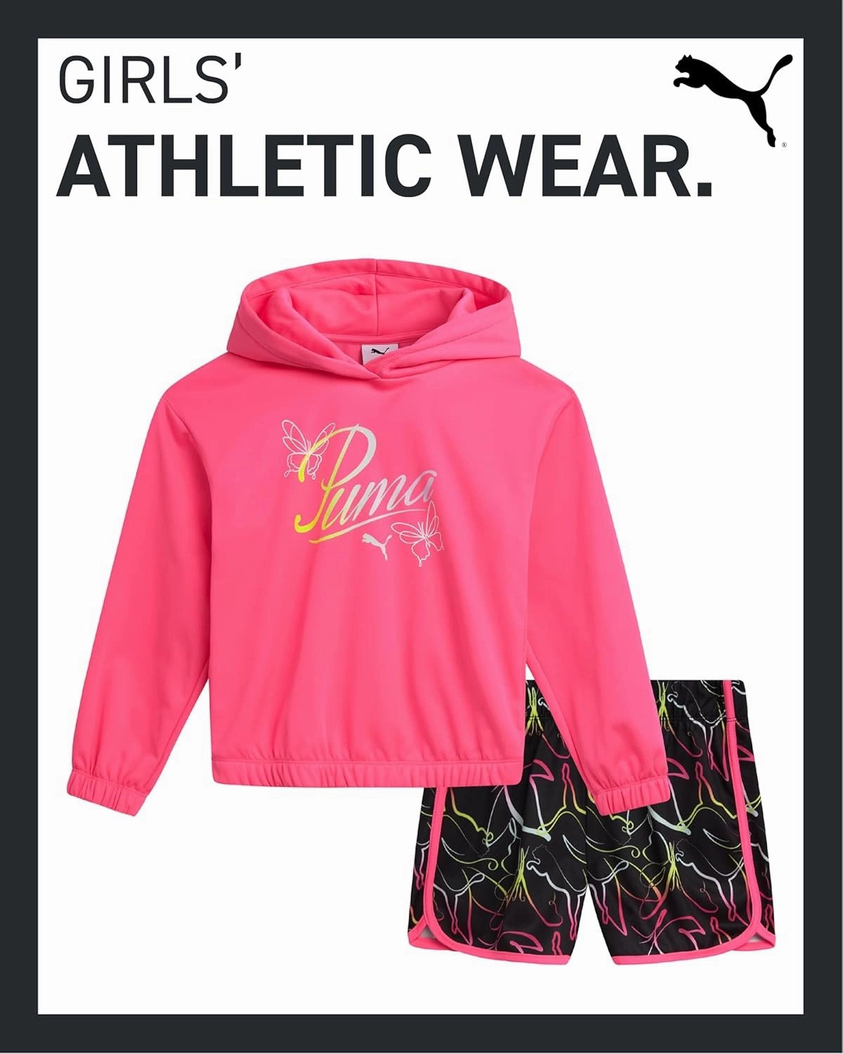 PUMA Girls Shorts Set - 2 Piece Performance Pullover Hoodie and Shorts Active Wear Set for Girls (Sizes: S-L)