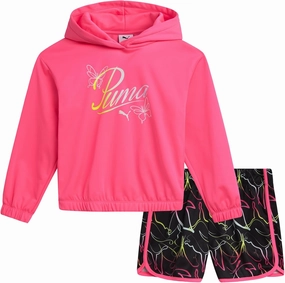 PUMA Girls Shorts Set - 2 Piece Performance Pullover Hoodie and Shorts Active Wear Set for Girls (Sizes: S-L)