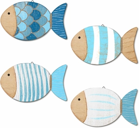 Putuo Decor 4 Pcs Wood Fish Wall Art, Nautical Beach Decor, Wooden Fish Hanging Sculptures, Blue (10 In)