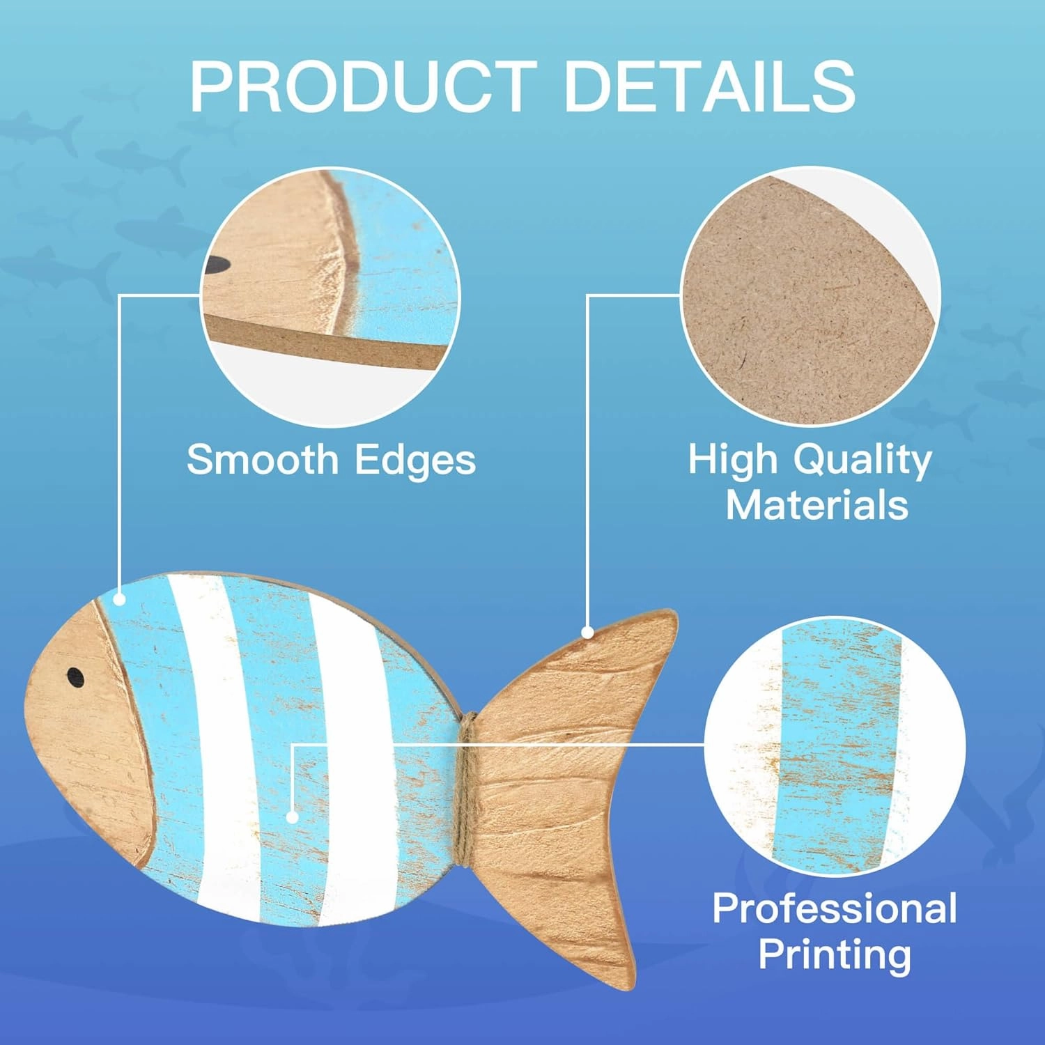 Putuo Decor 4 Pcs Wood Fish Wall Art, Nautical Beach Decor, Wooden Fish Hanging Sculptures, Blue (10 In)