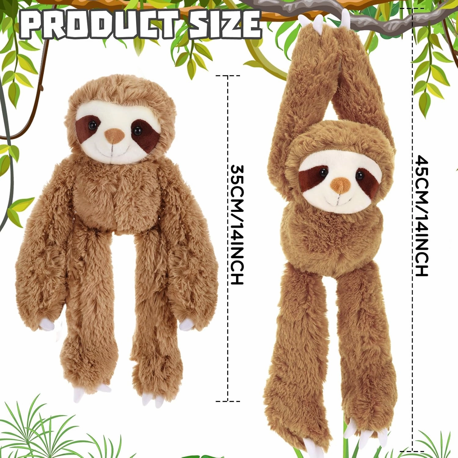 Queekay 2 Packs Sloth Stuffed Animal Hanging 18 Inch Three Toed Sloth Plush Toy with Hook and Loop Hands for Teens Adults Gifts Decors(Dark Brown)