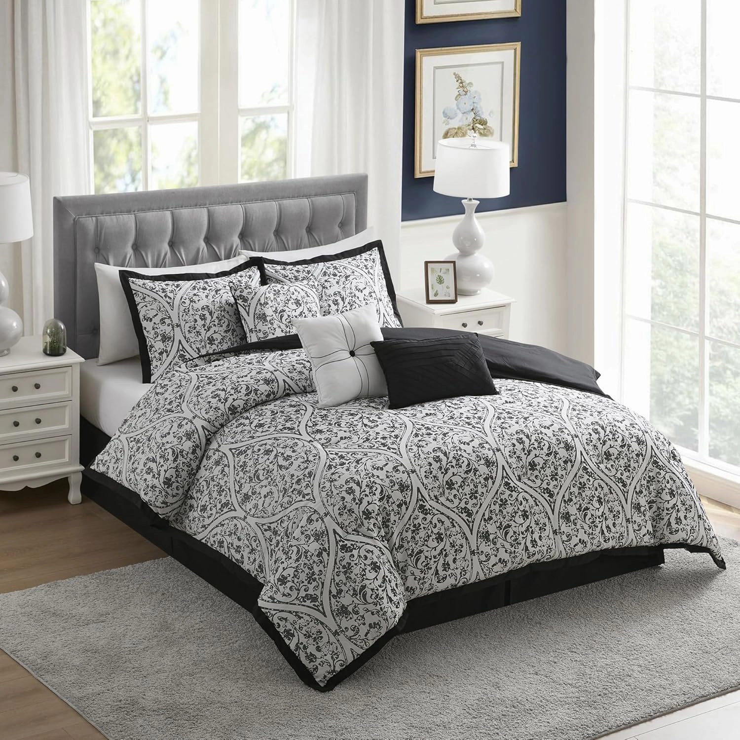 Queen Comforter Set Complete 7-Piece Bedding Collection 1 Comforter, 2 Pillow Shams, 1 Bed Skirt & 3 Decorative Accent Pillows Premium Quality, Queen, Black/White Damask