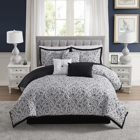 Queen Comforter Set Complete 7-Piece Bedding Collection 1 Comforter, 2 Pillow Shams, 1 Bed Skirt & 3 Decorative Accent Pillows Premium Quality, Queen, Black/White Damask
