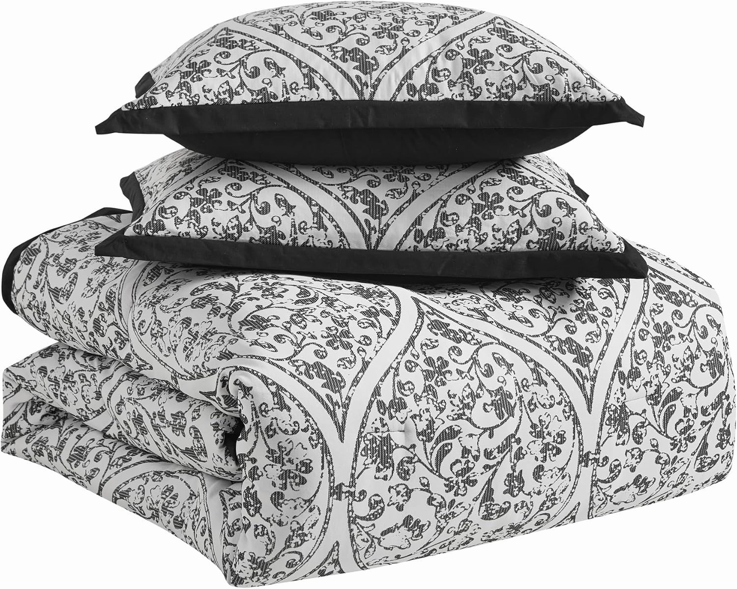 Queen Comforter Set Complete 7-Piece Bedding Collection 1 Comforter, 2 Pillow Shams, 1 Bed Skirt & 3 Decorative Accent Pillows Premium Quality, Queen, Black/White Damask