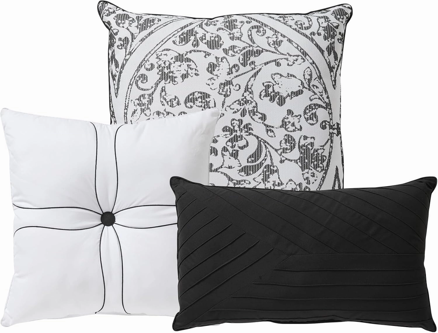 Queen Comforter Set Complete 7-Piece Bedding Collection 1 Comforter, 2 Pillow Shams, 1 Bed Skirt & 3 Decorative Accent Pillows Premium Quality, Queen, Black/White Damask