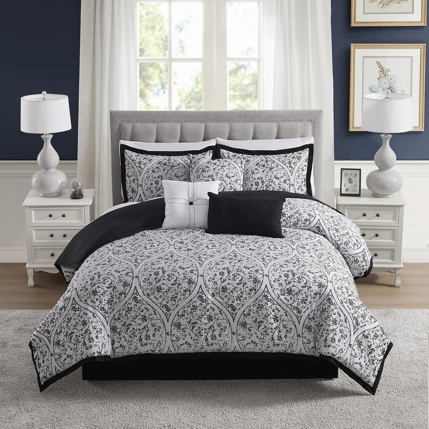Queen Comforter Set Complete 7-Piece Bedding Collection 1 Comforter, 2 Pillow Shams, 1 Bed Skirt & 3 Decorative Accent Pillows Premium Quality, Queen, Black/White Damask