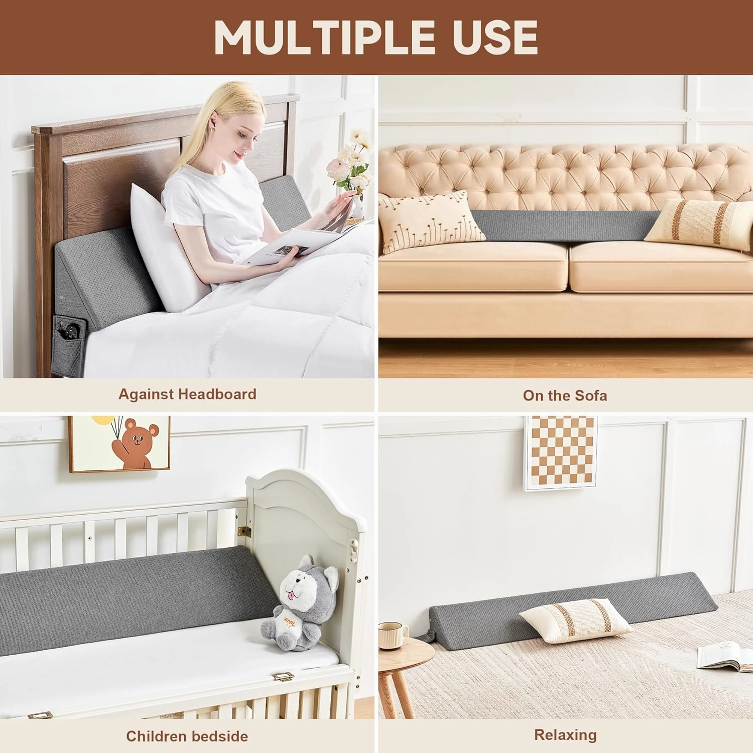Queen Size(60"x6"x10") Bed Wedge Pillow for Headboard, Mattress Gap Filler(0-8"), Bed Wedge for Gap Between Your Headboard and Mattress Dark Grey