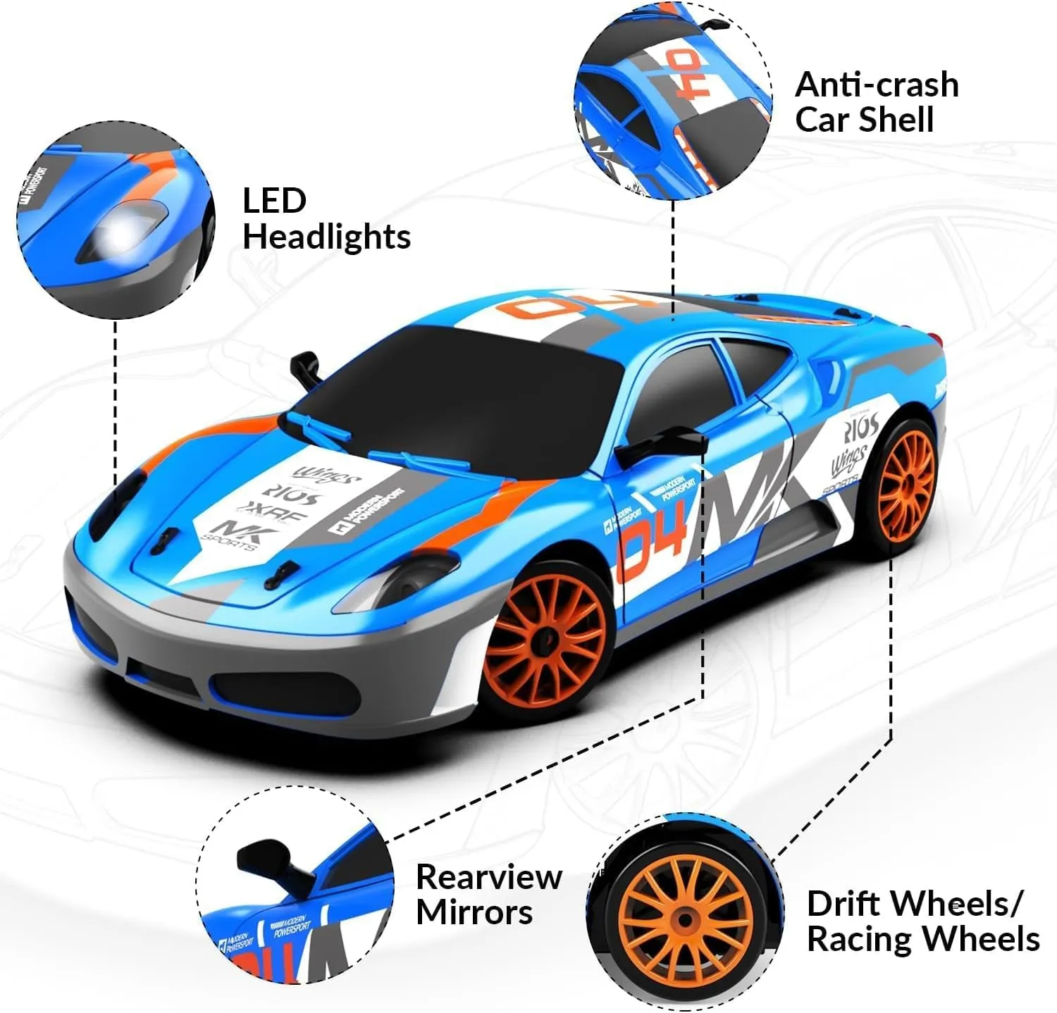 RACENT 1:24 Scale RC Drift Car, 10MPH 4WD Remote Control Car with LED Light, Racing and Drifting Wheels, 2 Rechargeable Batteries, Perfect Toy for Boys, Girls, Kids (Blue)