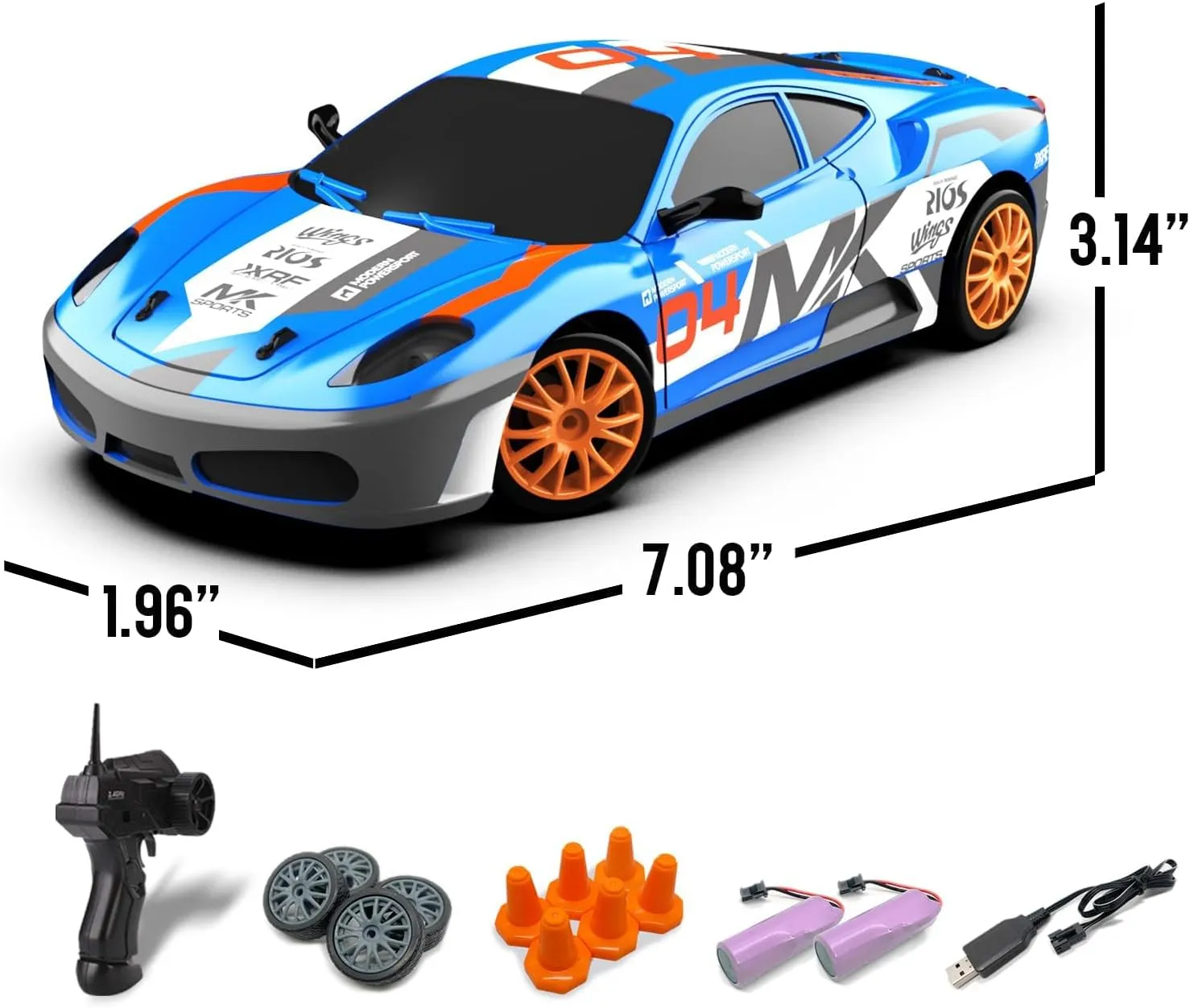 RACENT 1:24 Scale RC Drift Car, 10MPH 4WD Remote Control Car with LED Light, Racing and Drifting Wheels, 2 Rechargeable Batteries, Perfect Toy for Boys, Girls, Kids (Blue)
