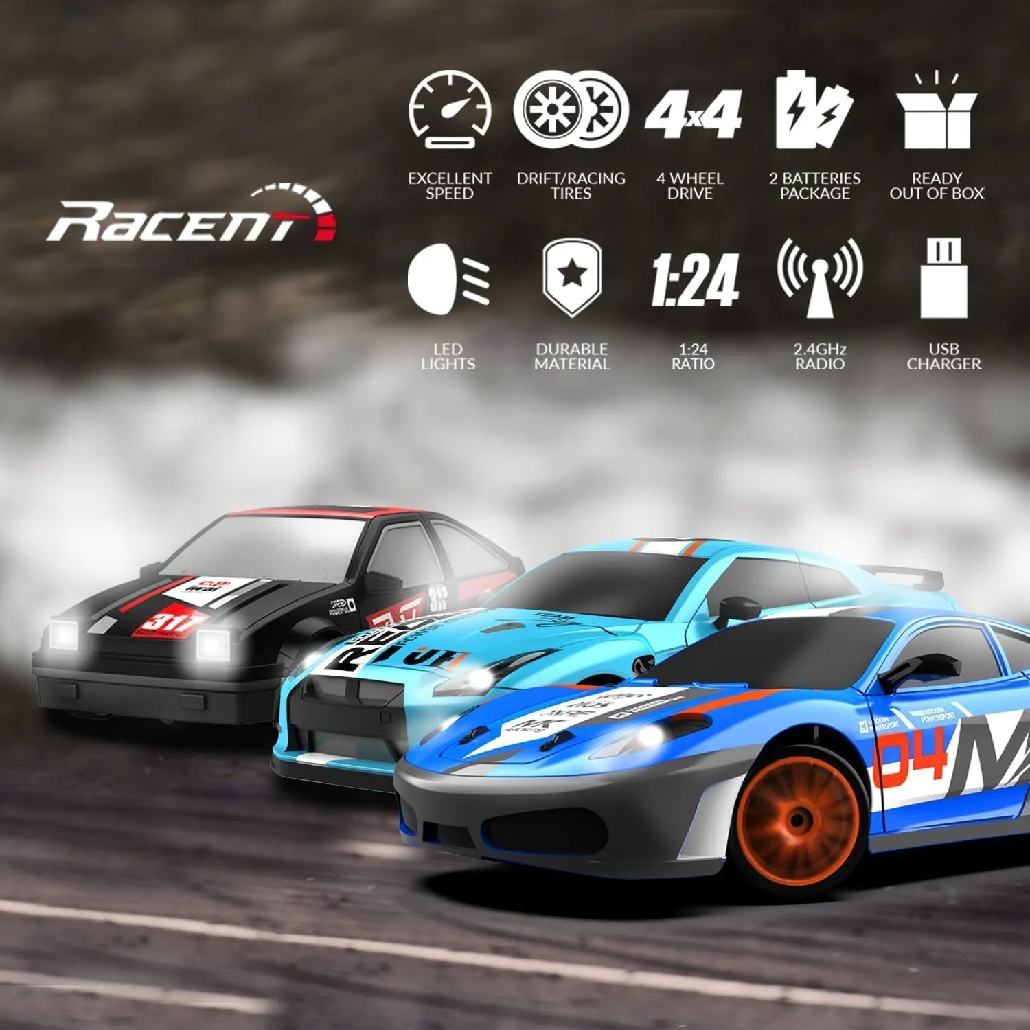 RACENT 1:24 Scale RC Drift Car, 10MPH 4WD Remote Control Car with LED Light, Racing and Drifting Wheels, 2 Rechargeable Batteries, Perfect Toy for Boys, Girls, Kids (Blue)