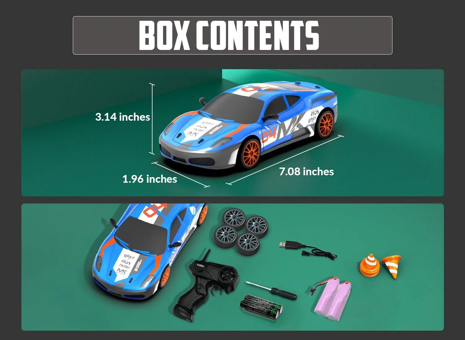 RACENT 1:24 Scale RC Drift Car, 10MPH 4WD Remote Control Car with LED Light, Racing and Drifting Wheels, 2 Rechargeable Batteries, Perfect Toy for Boys, Girls, Kids (Blue)