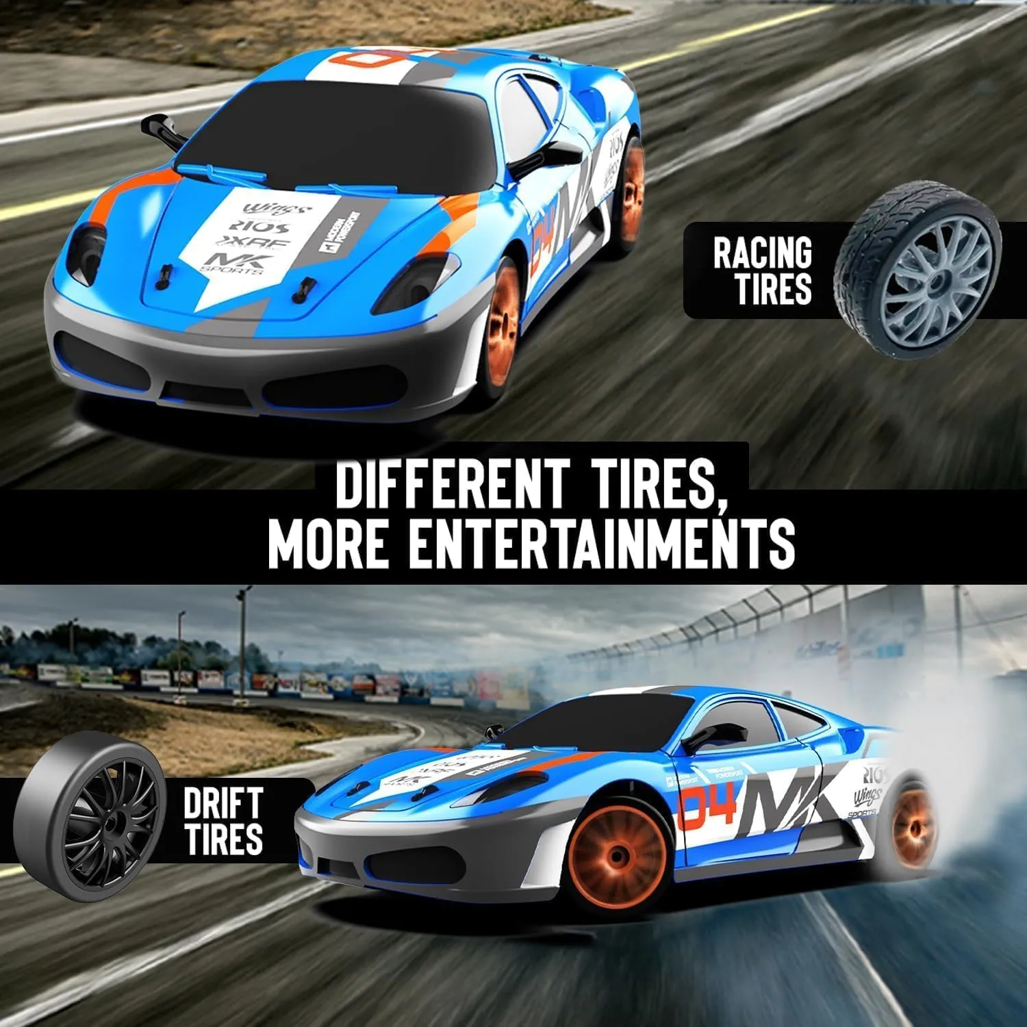 RACENT 1:24 Scale RC Drift Car, 10MPH 4WD Remote Control Car with LED Light, Racing and Drifting Wheels, 2 Rechargeable Batteries, Perfect Toy for Boys, Girls, Kids (Blue)