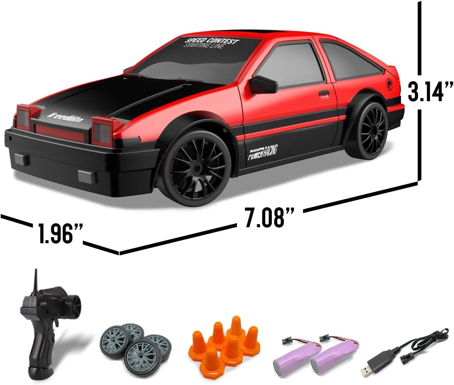 RACENT 1:24 Scale RC Drift Car, 10MPH 4WD Remote Control Car with LED Light, Racing and Drifting Wheels, 2 Rechargeable Batteries, Toy for Boys, Girls, Kids (Red)
