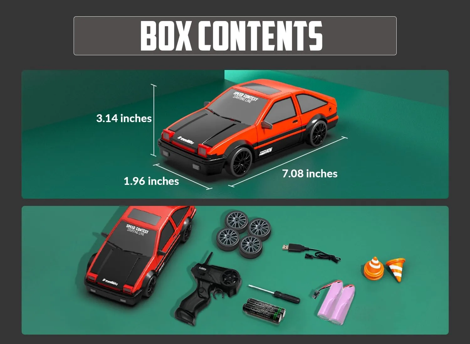 RACENT 1:24 Scale RC Drift Car, 10MPH 4WD Remote Control Car with LED Light, Racing and Drifting Wheels, 2 Rechargeable Batteries, Toy for Boys, Girls, Kids (Red)