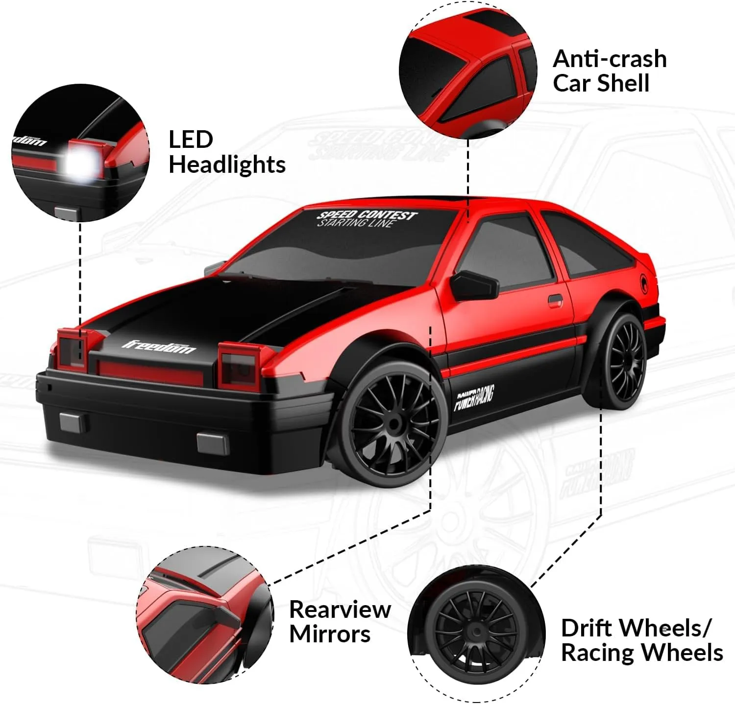 RACENT 1:24 Scale RC Drift Car, 10MPH 4WD Remote Control Car with LED Light, Racing and Drifting Wheels, 2 Rechargeable Batteries, Toy for Boys, Girls, Kids (Red)
