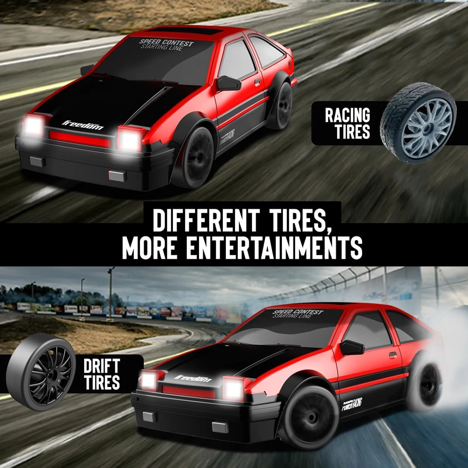 RACENT 1:24 Scale RC Drift Car, 10MPH 4WD Remote Control Car with LED Light, Racing and Drifting Wheels, 2 Rechargeable Batteries, Toy for Boys, Girls, Kids (Red)
