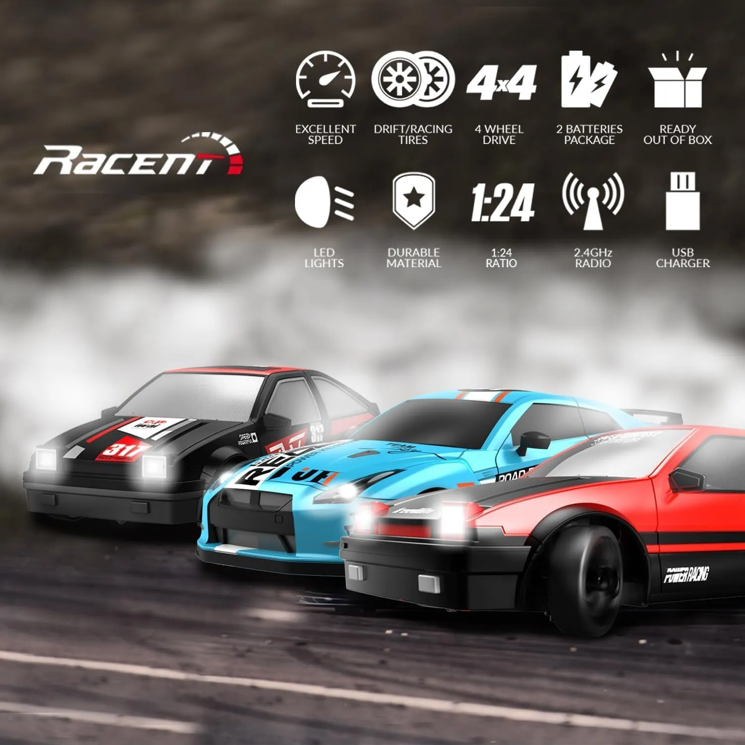RACENT 1:24 Scale RC Drift Car, 10MPH 4WD Remote Control Car with LED Light, Racing and Drifting Wheels, 2 Rechargeable Batteries, Toy for Boys, Girls, Kids (Red)