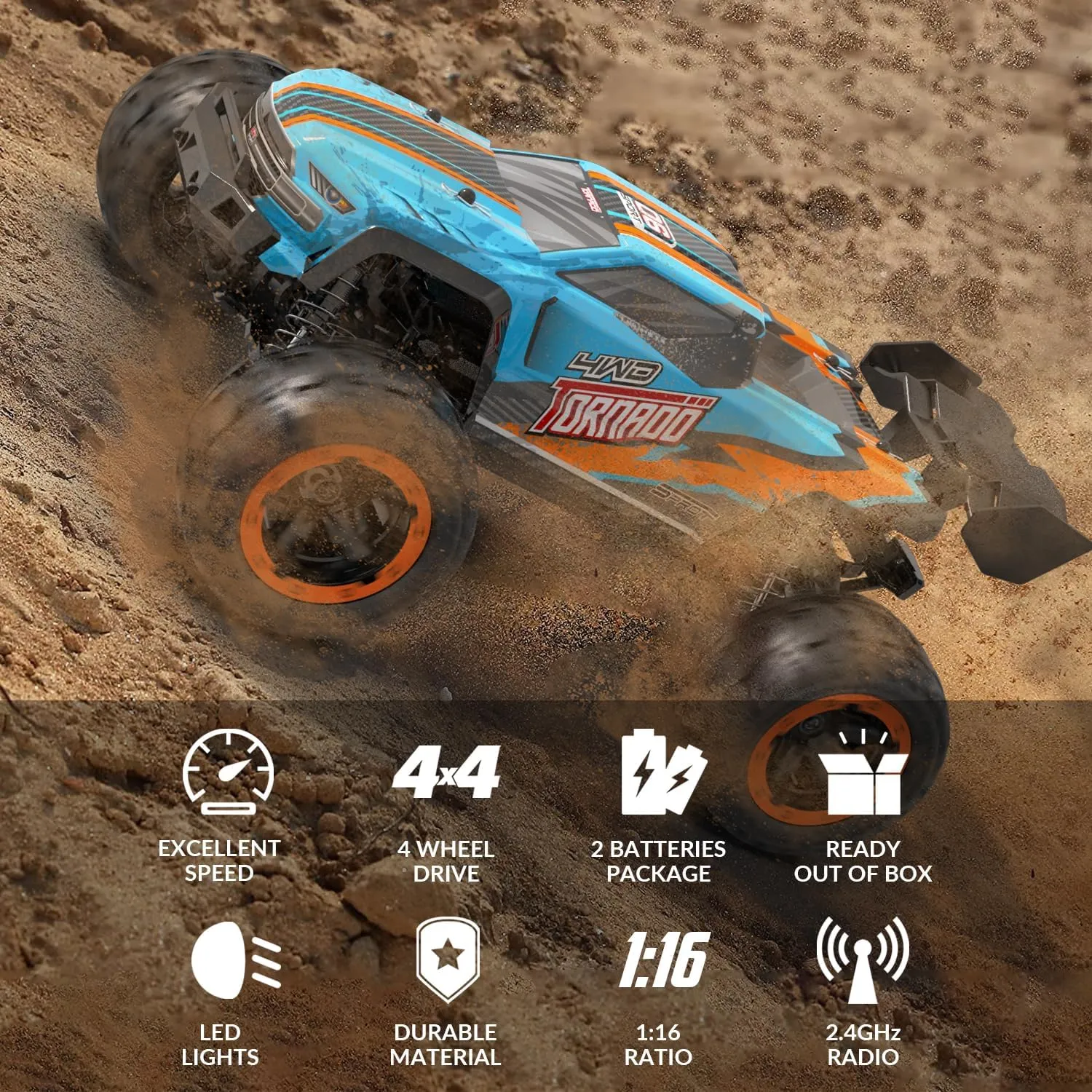 RACENT RC Truck 1:16 4x4 All Terrain RC Car 40KPH High Speed Remote Control Cars for Boys, Off-Road Monster Truck with 2.4Ghz Radio Control, 2 Batteries, Gifts for Kids Adults