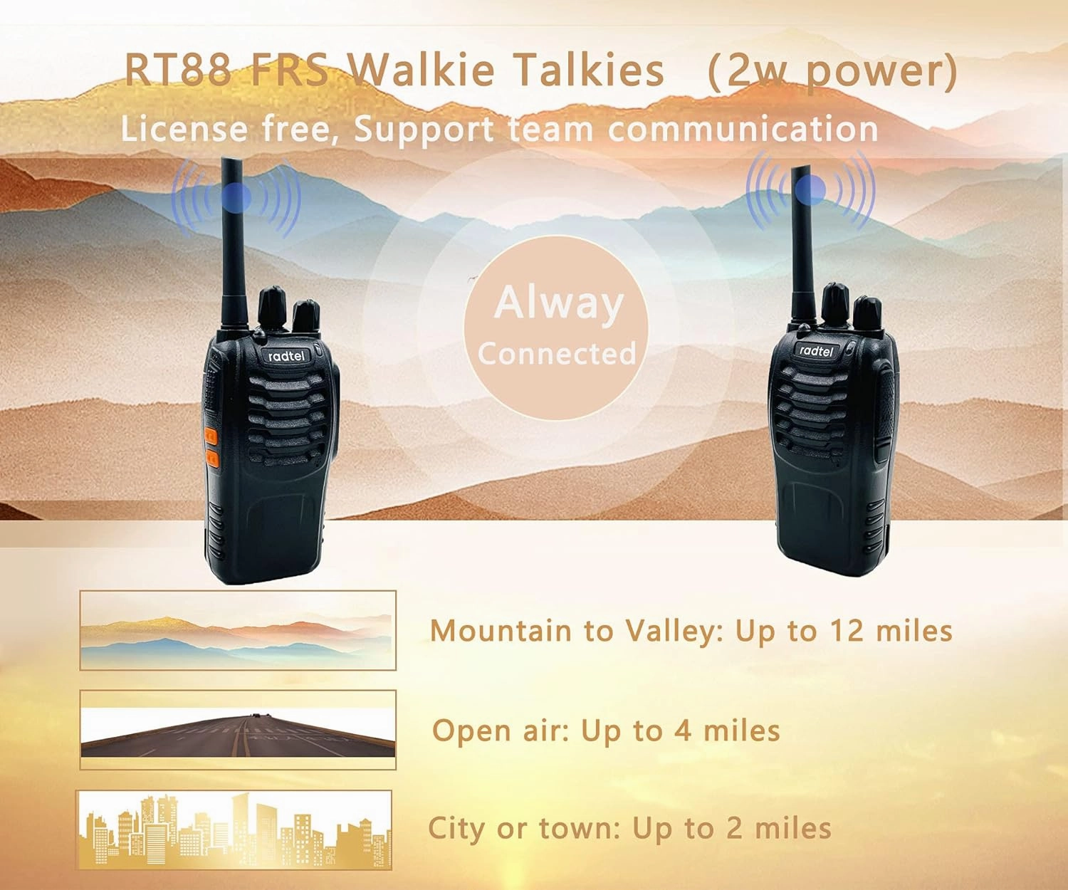 Radtel RT88 Rechargeable FRS Walkie Talkies Long Range Handheld License-Free Two Way Radio 16CH Handsfree USB Charging LED Flashlight with Earpiece (4 Pack)