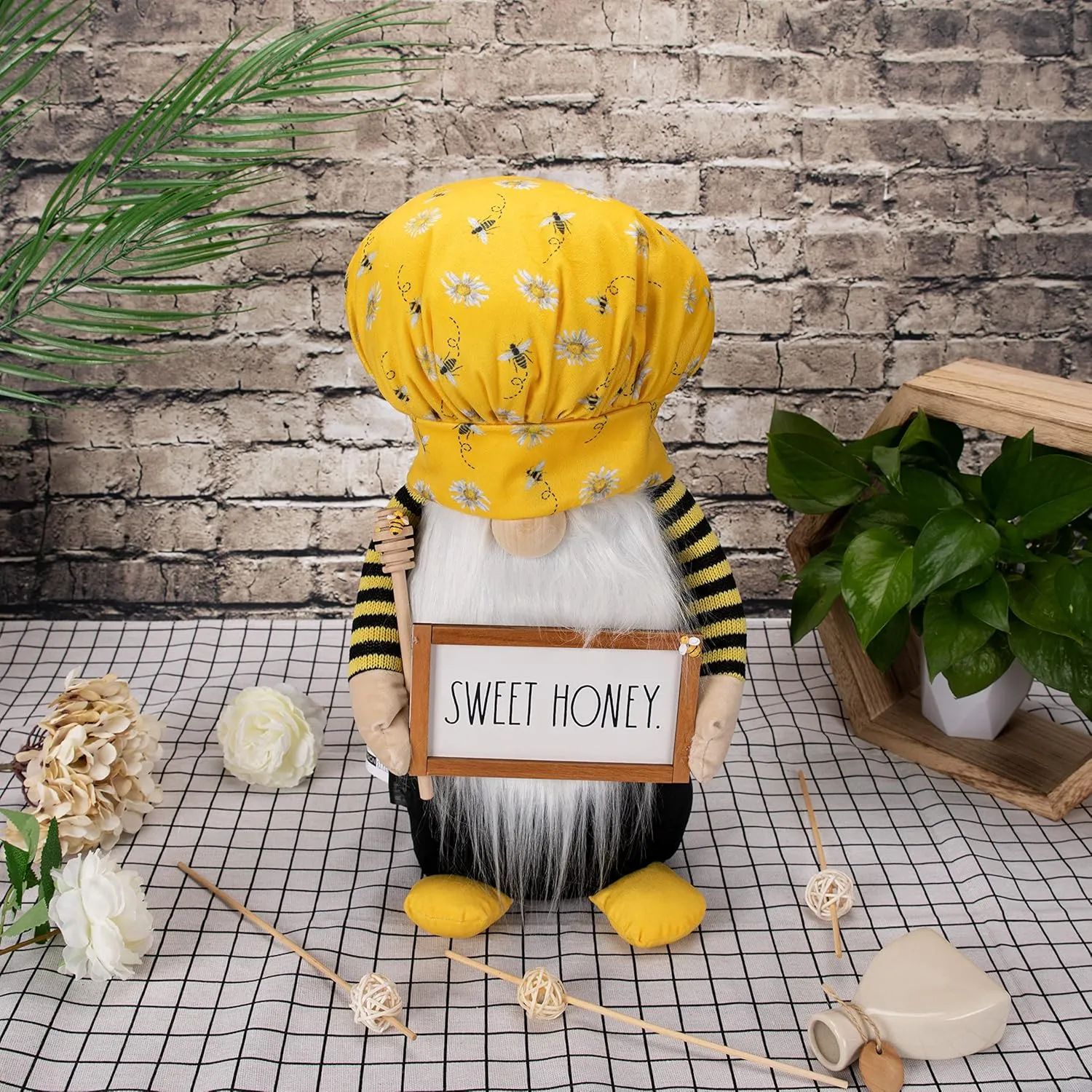 Rae Dunn Bee Gnome - Honey Decor for Home & Office, Bumble Farmhouse Kitchen Decoration, Stuffed Plush Shelf Figurines - Gnome Gifts - Sweet Honey