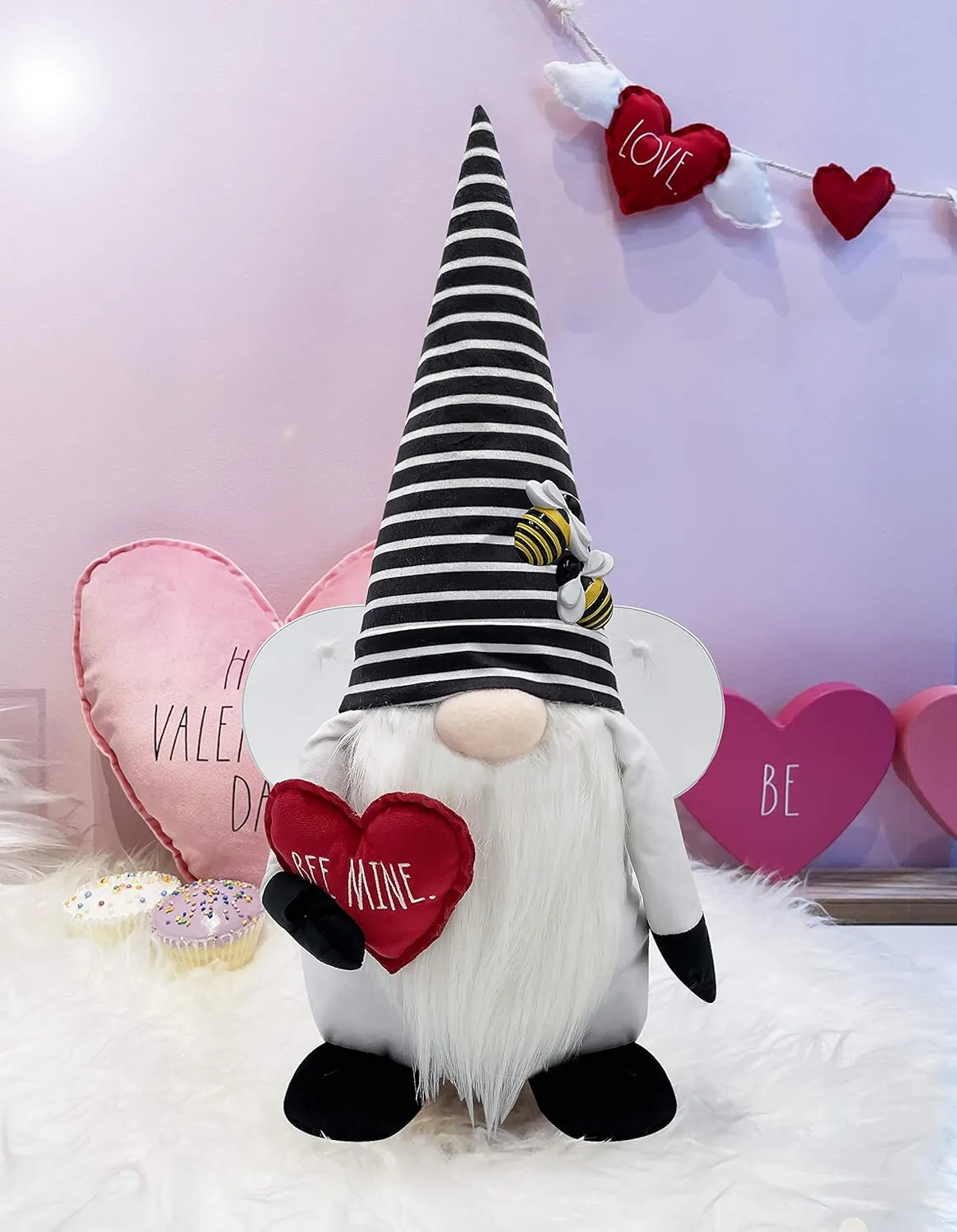 Rae Dunn Valentine's Day Gnome - Holiday Decor Seasonal Decorations - Scandinavian Nordic Tomte Nisse Plush Figurine - 19" Elf with Beard Ornament for Shelf (Bee Mine Gnome)