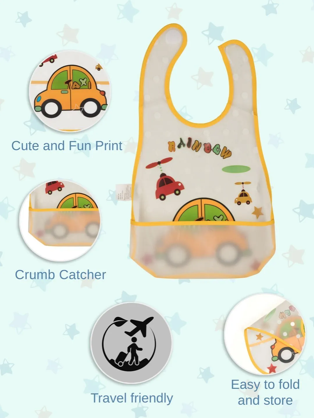 Rainbow Car-Themed Waterproof Baby Bib with Catch-All Pocket and Helicopter Print