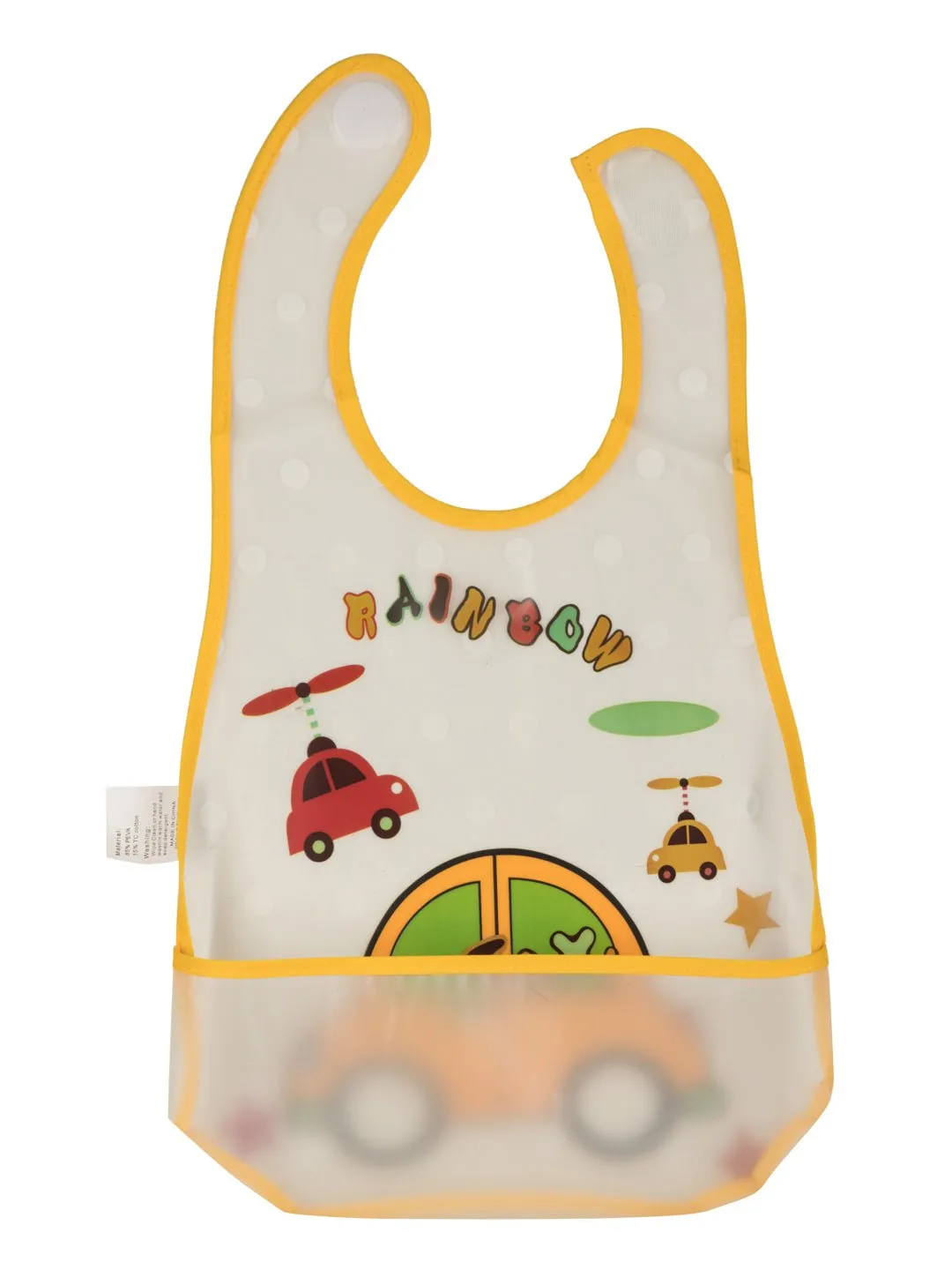 Rainbow Car-Themed Waterproof Baby Bib with Catch-All Pocket and Helicopter Print