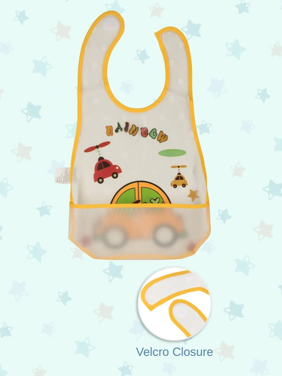 Rainbow Car-Themed Waterproof Baby Bib with Catch-All Pocket and Helicopter Print