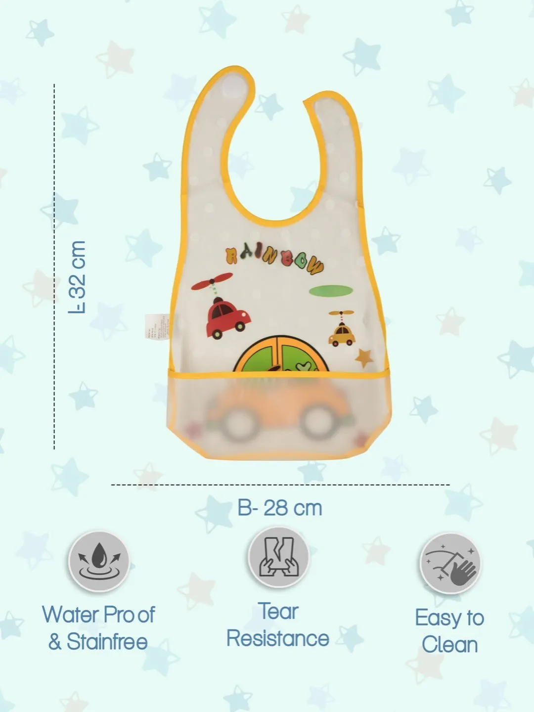 Rainbow Car-Themed Waterproof Baby Bib with Catch-All Pocket and Helicopter Print