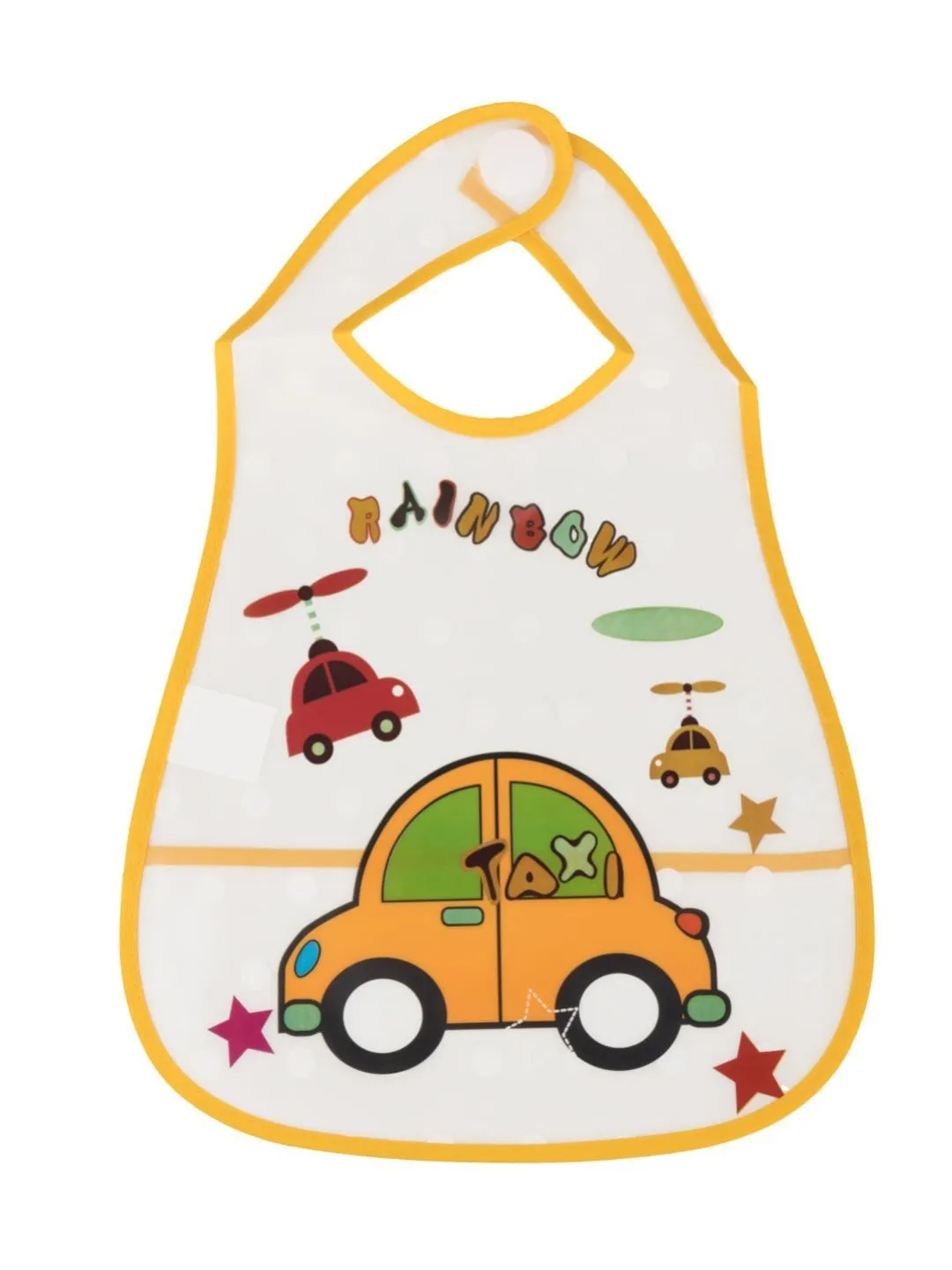 Rainbow Car-Themed Waterproof Baby Bib with Catch-All Pocket and Helicopter Print