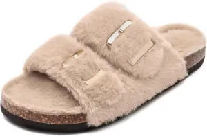 Rainlin Women's Fuzzy Slippers Comfy Cork Footbed Fluffy Slides Open Toe Indoor Outdoor House Shoes with Arch Support Camel Size 7
