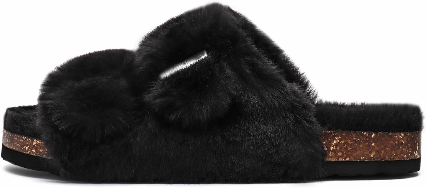Rainlin Women's Fuzzy Slippers Comfy Cork Footbed Fluffy Slides Open Toe Indoor Outdoor House Shoes with Arch Support