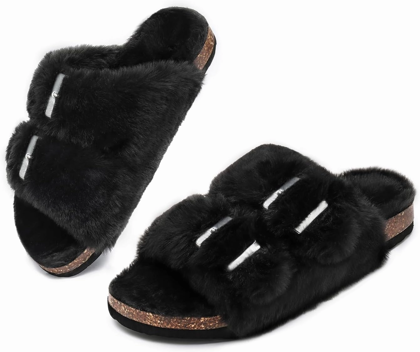 Rainlin Women's Fuzzy Slippers Comfy Cork Footbed Fluffy Slides Open Toe Indoor Outdoor House Shoes with Arch Support