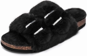 Rainlin Women's Fuzzy Slippers Comfy Cork Footbed Fluffy Slides Open Toe Indoor Outdoor House Shoes with Arch Support