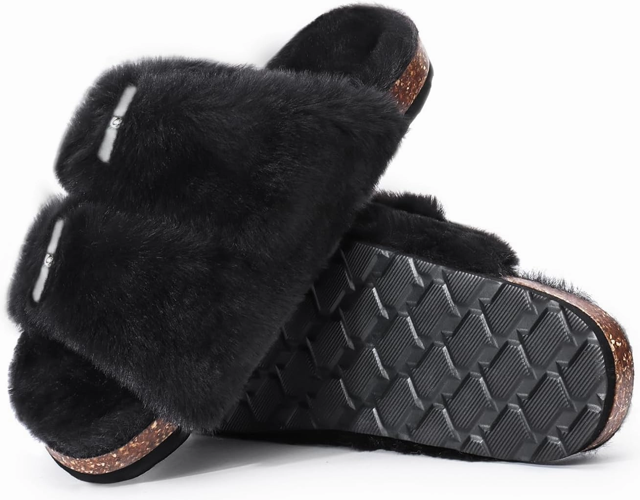 Rainlin Women's Fuzzy Slippers Comfy Cork Footbed Fluffy Slides Open Toe Indoor Outdoor House Shoes with Arch Support