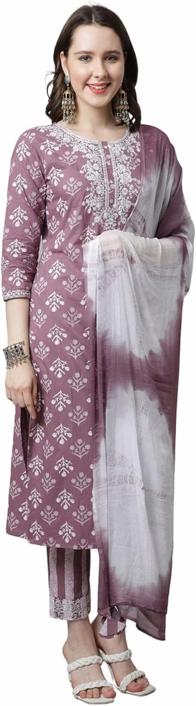 Rajnandini Women's Pure Cotton Embroidered Kurta Set with Dupatta (JOPLVL294-P)