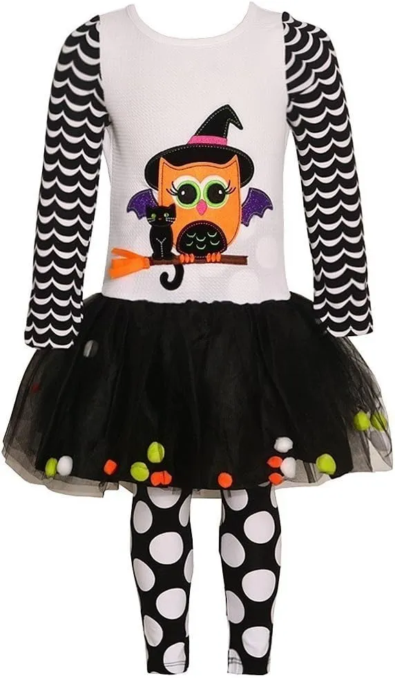 Rare Editions Girls Halloween Owl Tutu Legging Set (6) Black White