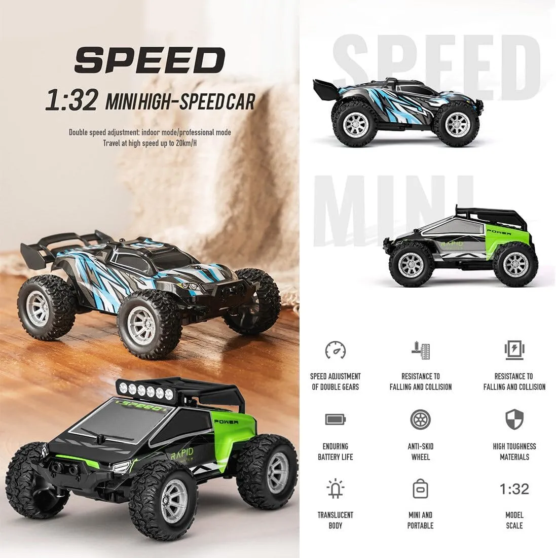 RC Car, S638 1/32 2.4G RC Mini Electric Drift Off-Road Vehicle Model, High Speed RC Drift Car RC Truck, Halloween Surprising Present for Boys (RTR Version/Green)