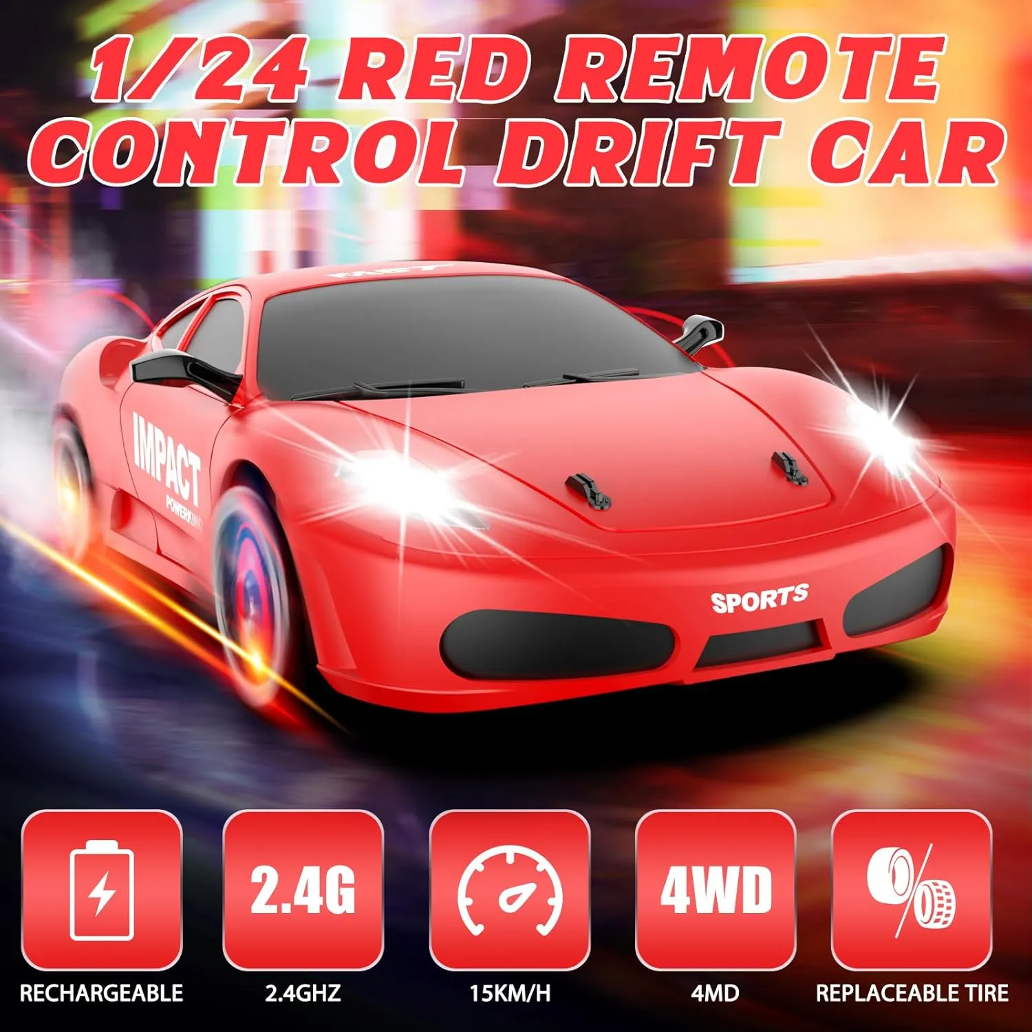 RC Drift Car, 1/24 Remote Control Cars, 2.4GHZ 4WD High Speed Drifting RC Cars with LED Lights Drifting Tires Two Rechargeable Batteries Racing Car for Adults Boys Girls Kids Gift Red
