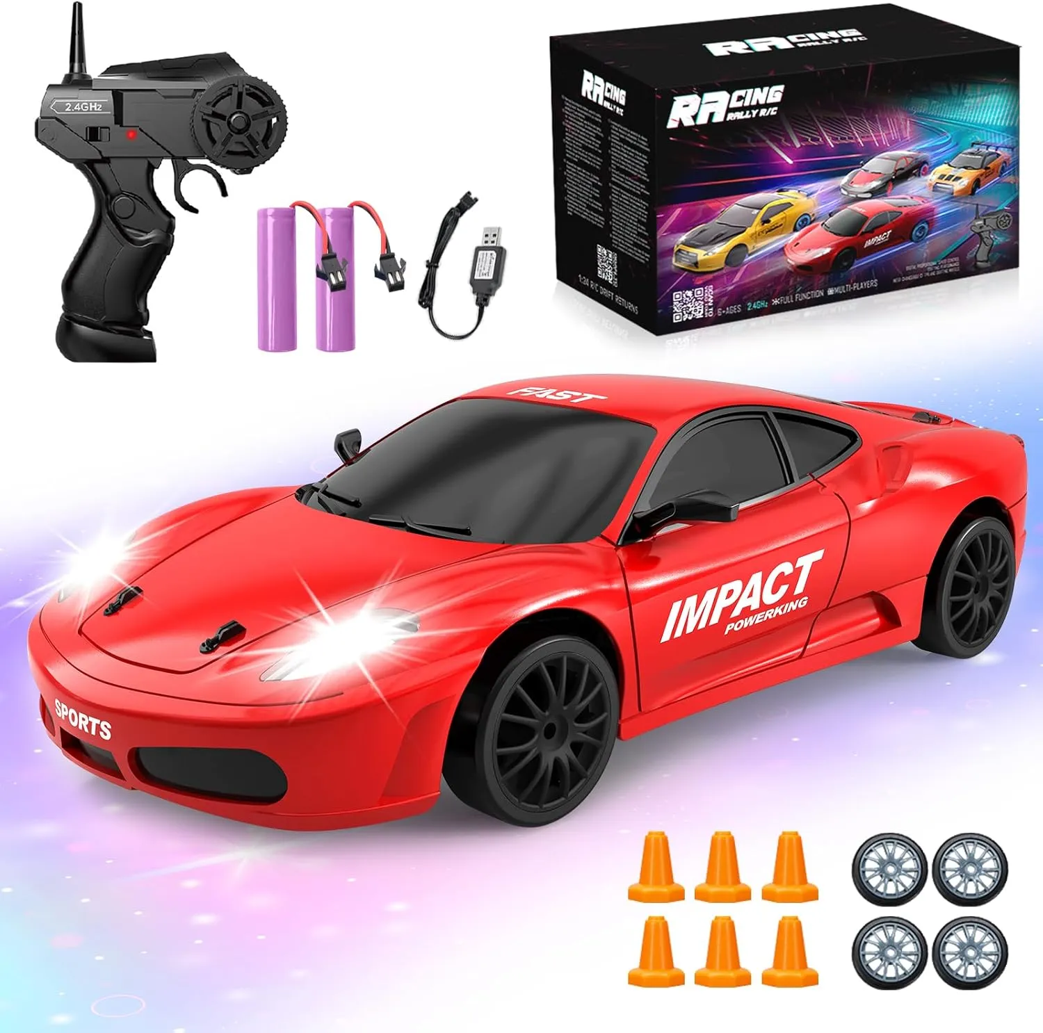 RC Drift Car, 1/24 Remote Control Cars, 2.4GHZ 4WD High Speed Drifting RC Cars with LED Lights Drifting Tires Two Rechargeable Batteries Racing Car for Adults Boys Girls Kids Gift Red