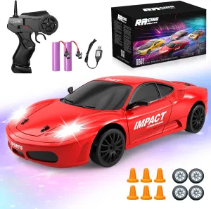 RC Drift Car, 1/24 Remote Control Cars, 2.4GHZ 4WD High Speed Drifting RC Cars with LED Lights Drifting Tires Two Rechargeable Batteries Racing Car for Adults Boys Girls Kids Gift Red