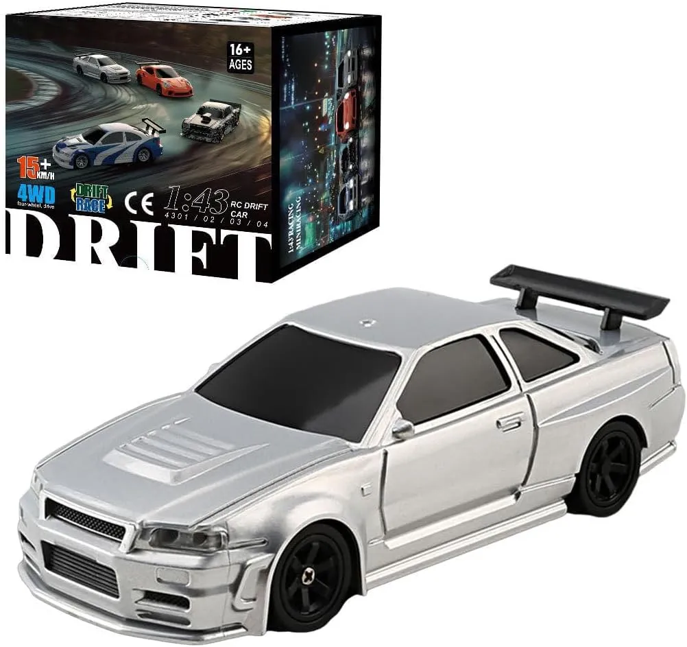 RC Drift Car, 1/43 Scale 2.4G Full Proportional RC Electric Mini Racing Drift Car Model with Lights Kit，RC Model Cars Gifts for Adults (RTR Version/Silver)