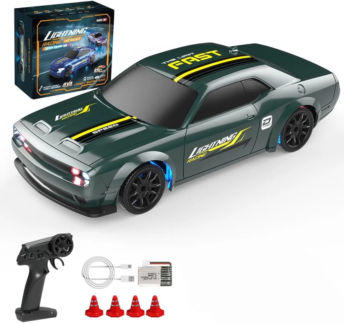 RC Drift Racing Car for 16 , 1/43 Scale 2.4G Full-Proportional Electric Remote Control Car Model with LED Light(RTR Version/Green)