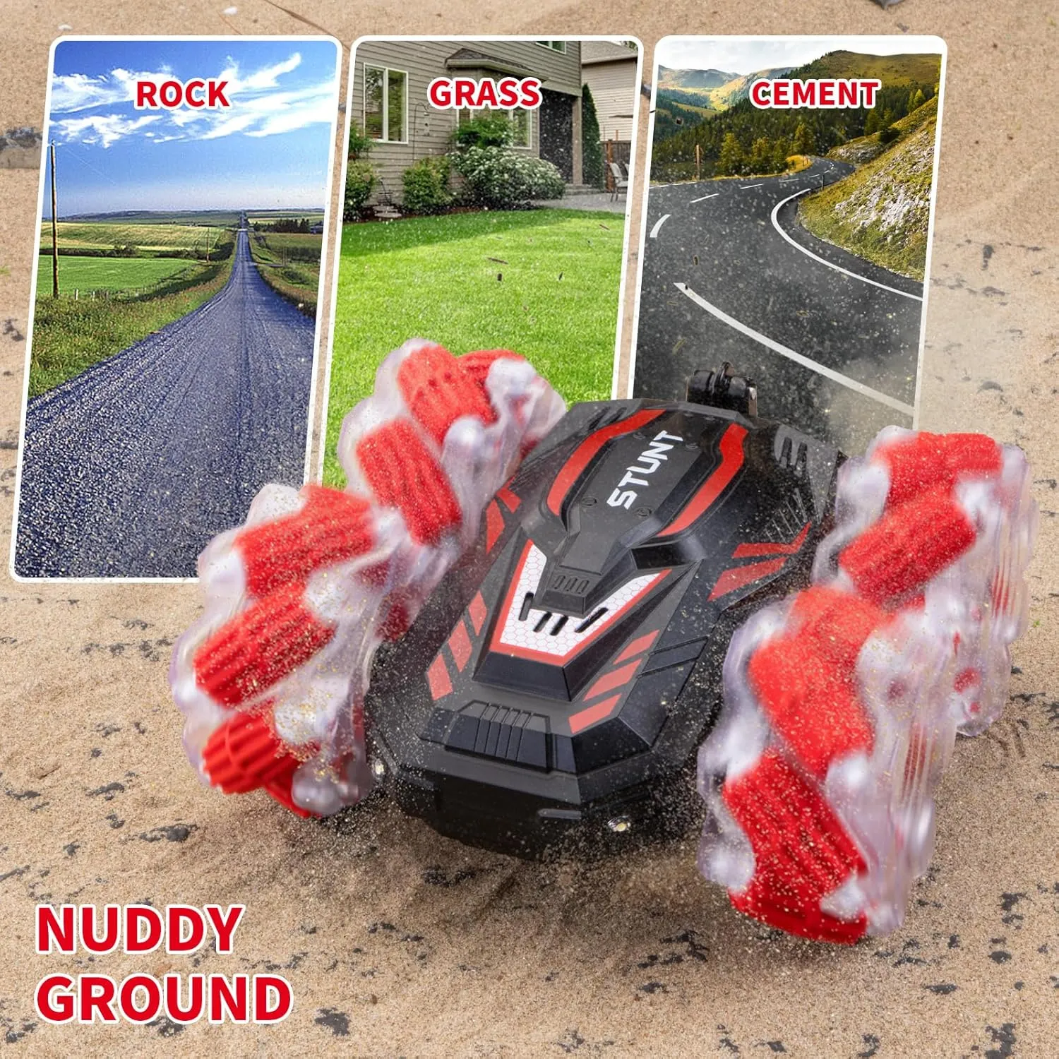 RC Stunt Car, Double-Sided 360° Flips, 4WD 2.4 GHz Gesture Sensing RC Cars with Cool Lights and Music, for Boys Aged 6-12, Great Birthday Presents, Toy Cars (Red)